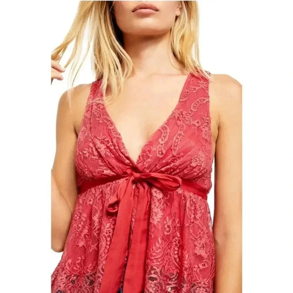 Free People Burnt Red Chante Lace Tank Top Frenchie Kiss Deep V NWT - Picture 1 of 13